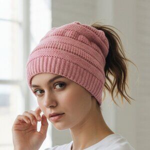 Pink Kids Knit Ponytail Hat